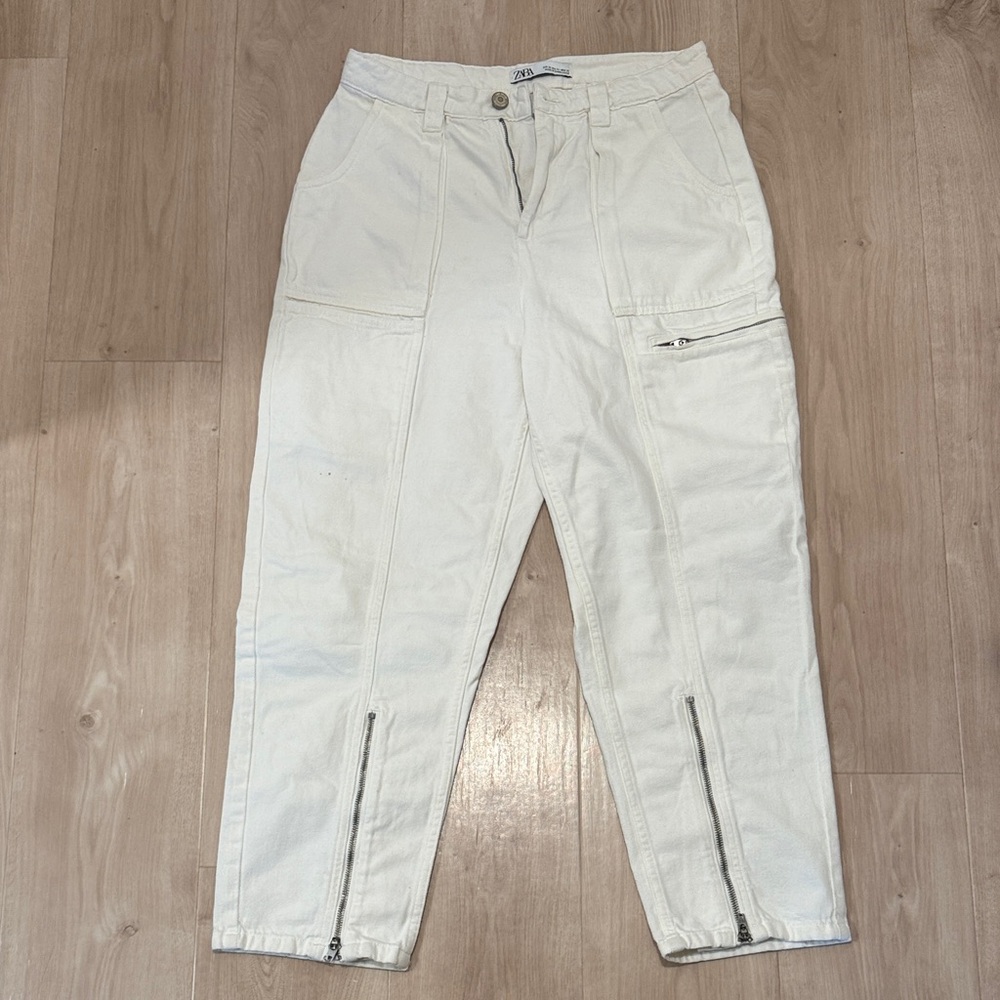 Zara Cream Cargo Pants with Zipper Accents
